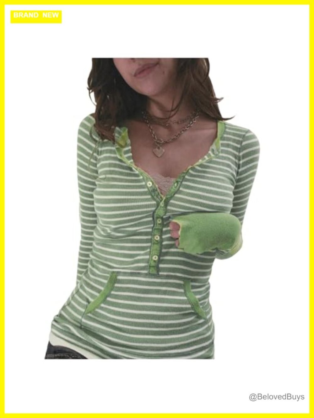 Striped Long Sleeve Button Up V-Neck Slim Fit Fitted Tee Shirt Y2K Grunge